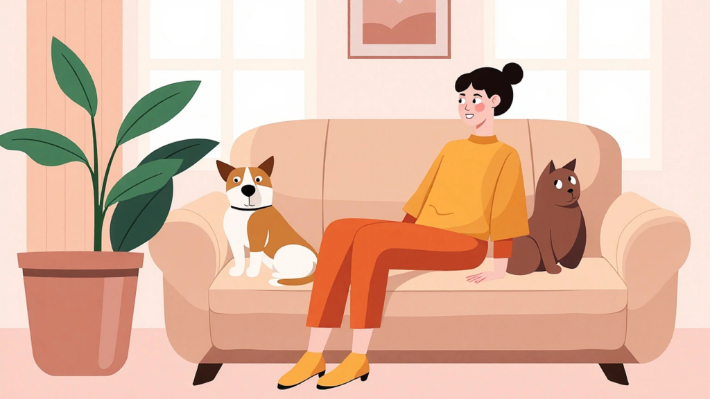 犬と猫とソファーでくつろぐ女性